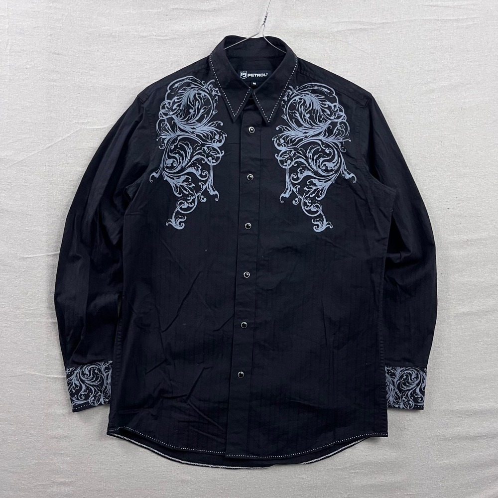 Petrol Button Down Shirt Mens M Black Filigree Graphic Western Snap Long Sleeve